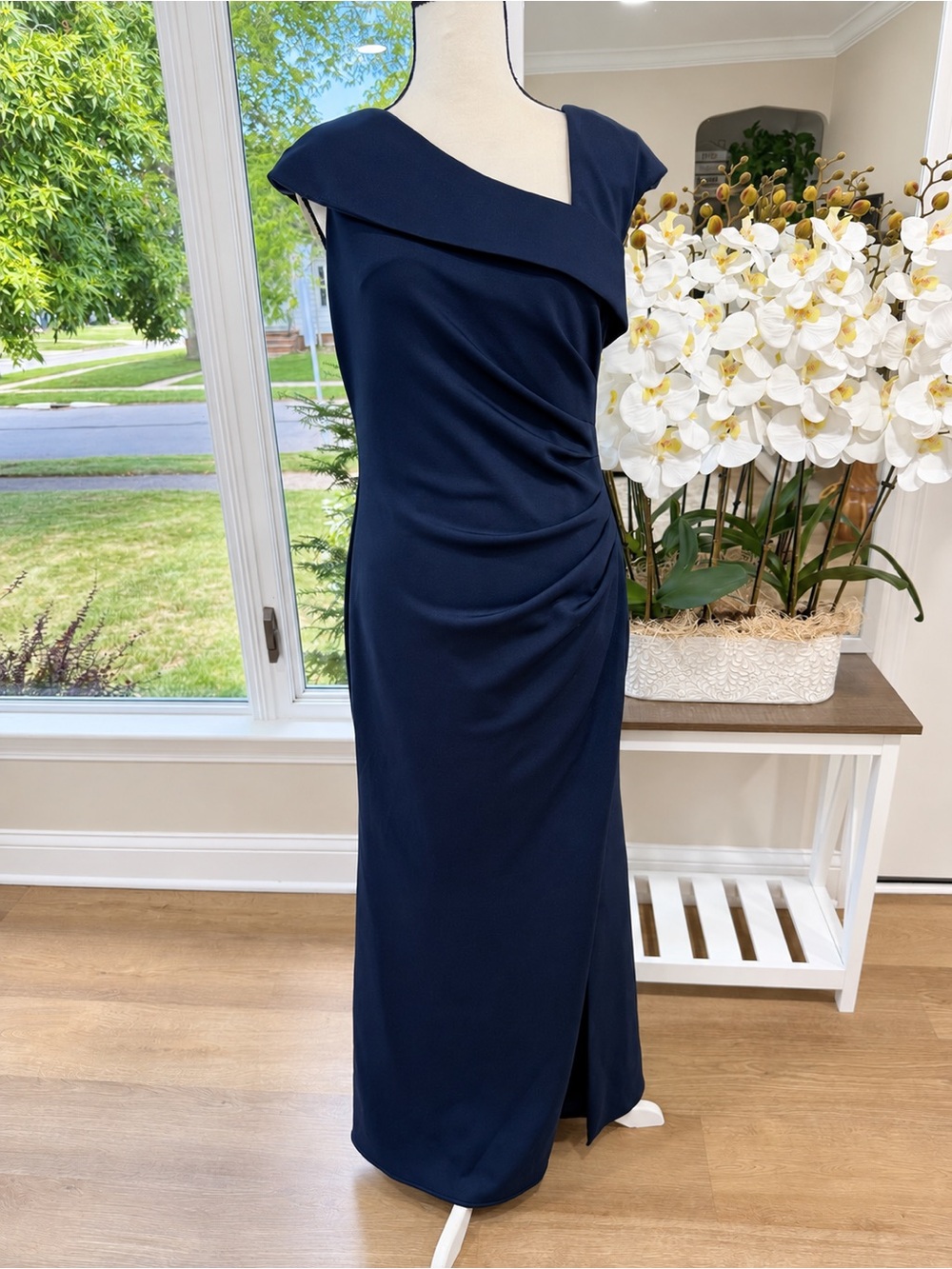 Xscape Women's Asymmetrical Neck Cap Sleeve Ruched High Slit Gown, Midnight, 12P